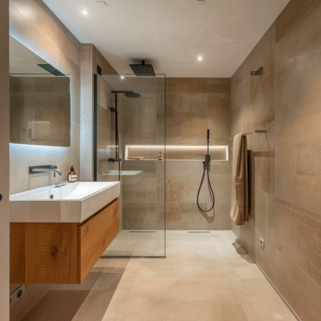 Elegantes Badezimmer mit begehbarer Glasdusche, hölzernem Waschtisch und neutralen Wandfliesen